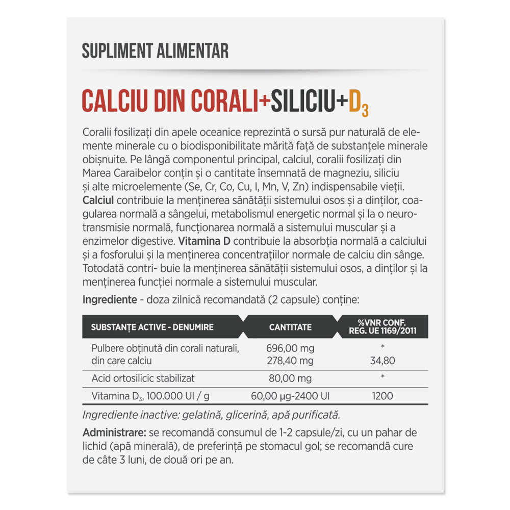 CALCIU DIN CORALI + SILICIU + D3, 30 capsule