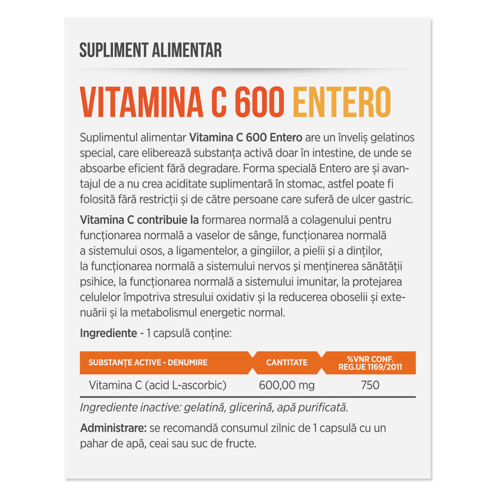 VITAMINA C 600 ENTERO, 30 capsule