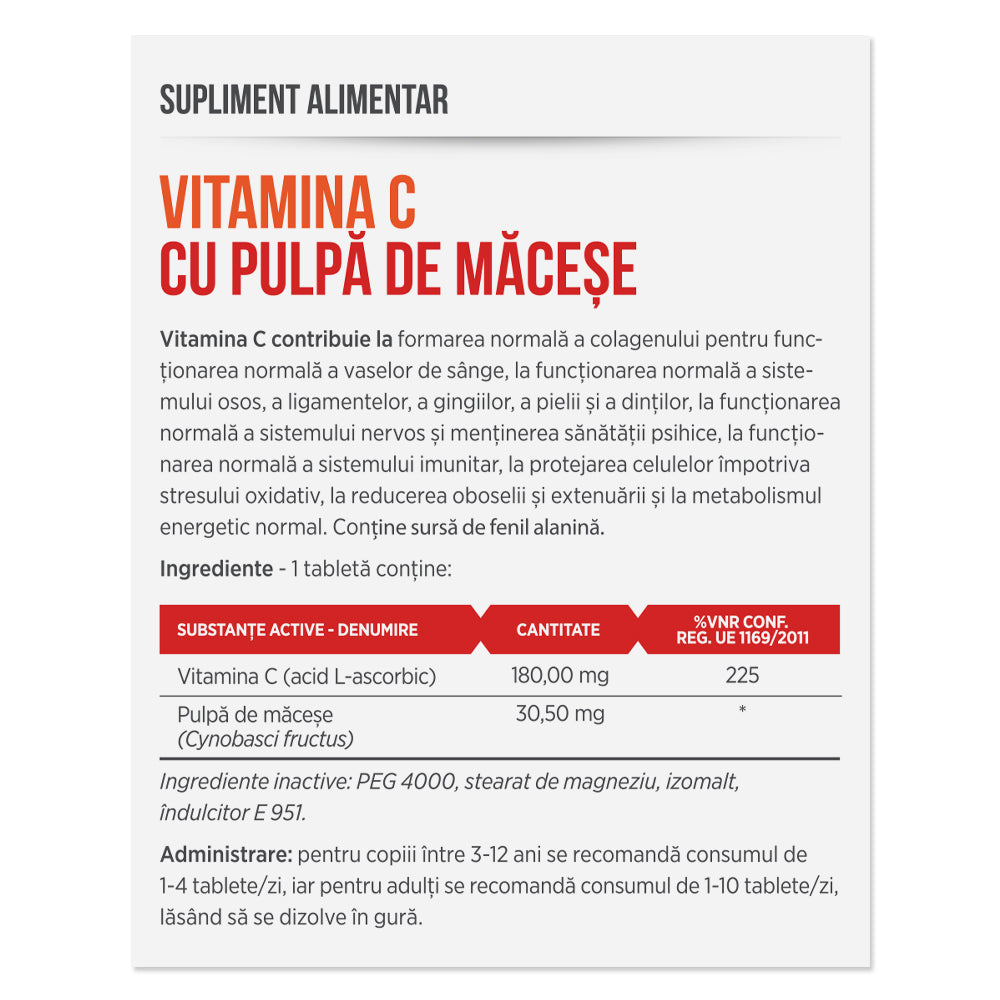 VITAMINA C CU PULPĂ DE MĂCEȘE, 30 tablete