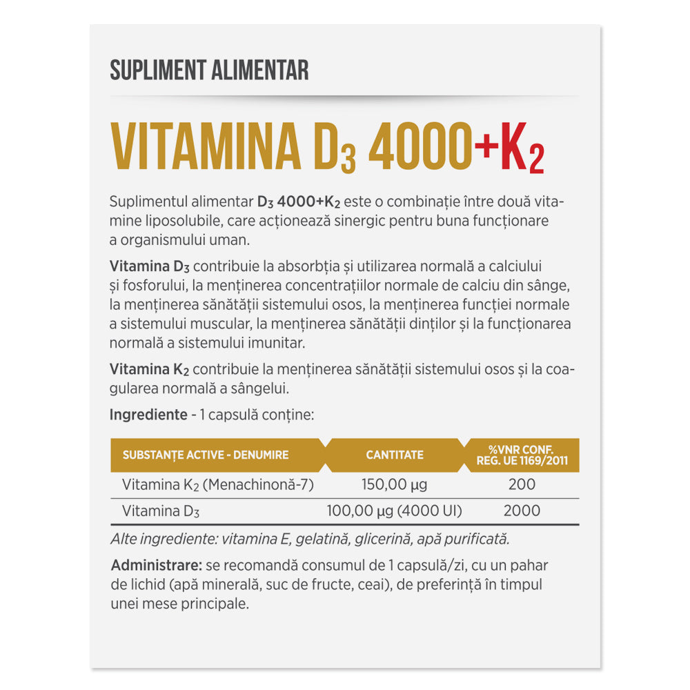 VITAMINA D3 4000 + K2, 30 capsule